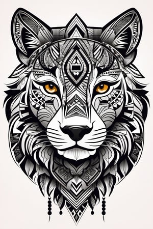 Tribal Spirit animals: tribal art, featuring a intricately detailed spirit lioness, powerful, mysterious, high contrast, The design incorporates geometric patterns and bold linework to create a striking and powerful composition. Black background, 8k, ready to print illustration of hand drawn lioness, simple vector, black white, few colors and many shades, clean and sharp lines