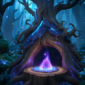 fantastic detailed photography of a tree stump serving as an entryway to a secret dwelling in a magical forest , 3D, nebula, lights, intricate details, detailed background league of legends, legends of runeterra, valorant, lolsplashart, mlbbsplashart 
