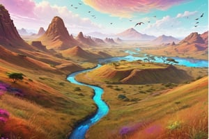 Holographic, african landscape, (3D) bird's eye view,
from above, colorful , and lush grasslands. Winding paths crisscross the hills, Magical multicolor ink, high quality, imagination, 8K, fantasy art, vibrant magical colors, style painting magic.