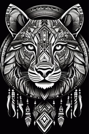 Tribal Spirit animals: tribal art, featuring a intricately detailed spirit lioness, powerful, mysterious, high contrast, The design incorporates geometric patterns and bold linework to create a striking and powerful composition. Black background, 8k, ready to print illustration of hand drawn lioness, simple vector, black white, few colors and no shades, clean and sharp lines