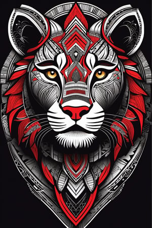 Tribal Spirit animals: tribal art, featuring a intricately detailed spirit animal Lioness, powerful, mysterious, high contrast, The design incorporates geometric patterns and bold linework to create a striking and powerful composition. Black background, 8k, ready to print illustration of hand drawn Lioness, simple vector, black white Red, few colors and many shades, clean and sharp lines