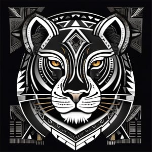 Tribal Spirit animals: tribal art, featuring a intricately detailed spirit lioness, powerful, mysterious, high contrast, The design incorporates geometric patterns and bold linework to create a striking and powerful composition. Black background, 8k, ready to print illustration of hand drawn lioness, simple vector, black white, clean and sharp lines