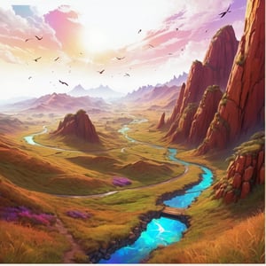 Holographic, african landscape, (3D) bird's eye view,
from above, colorful , and lush grasslands. Winding paths crisscross the hills, Magical multicolor ink, high quality, imagination, 8K, fantasy art, vibrant magical colors, style painting magic.