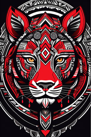 Tribal Spirit animals: tribal art, featuring a intricately detailed spirit animal Lioness, powerful, mysterious, high contrast, The design incorporates geometric patterns and bold linework to create a striking and powerful composition. Black background, 8k, ready to print illustration of hand drawn Lioness, simple vector, black white Red, few colors and many shades, clean and sharp lines