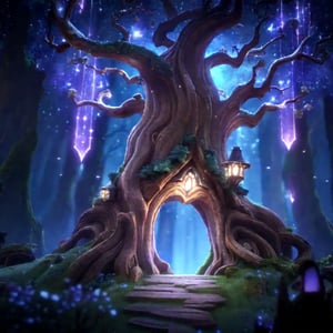 fantastic detailed photography of a tree stump serving as an entryway to a secret dwelling in a magical forest , 3D, nebula, lights, intricate details, detailed background league of legends, legends of runeterra, valorant, lolsplashart, mlbbsplashart 
