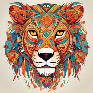 Tribal Spirit animals: A t-shirt design inspired by tribal art and folklore, vibrant colour ,featuring intricately detailed spirit animals such as lioness. The design incorporates geometric patterns and bold linework to create a striking and powerful composition. white background, 8k