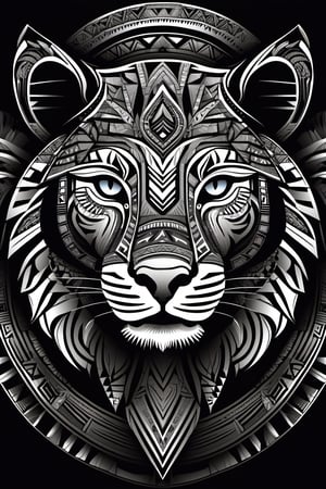 Tribal Spirit animals: tribal art, featuring a intricately detailed spirit lioness, powerful, mysterious, high contrast, The design incorporates geometric patterns and bold linework to create a striking and powerful composition. Black background, 8k, ready to print illustration of hand drawn lioness, simple vector, black white, clean and sharp lines