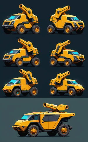 2D sprite of a resource harvesting vehicle, designed for an RTS game. The vehicle should have mechanical arms or drills, and a storage compartment. Create idle and moving animations, and consider a neutral color palette for flexibility