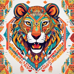 Tribal Spirit animals: A t-shirt design inspired by tribal art and folklore, vibrant colour ,featuring intricately detailed spirit animals such as lioness. The design incorporates geometric patterns and bold linework to create a striking and powerful composition. white background, 8k