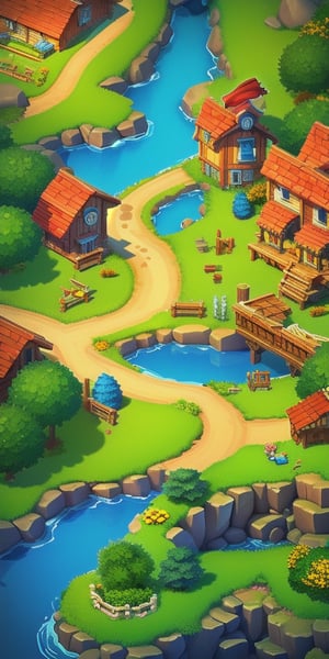 Concept art, top-down terrain, game scenes, scenery, sign, water, outdoors, stairs, house, tree, building, chimney, door, bridge, grass, no_humans, river, road, flag, from_above, ladder, clothesline,,