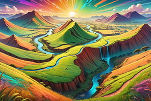 Holographic, african landscape, (3D) bird's eye view,
from above, colorful , and lush grasslands. Winding paths crisscross the hills, Magical multicolor ink, high quality, imagination, 8K, fantasy art, vibrant magical colors, style painting magic.