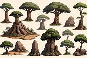 this set of african trees, stumps trees, rock faces and stones with various terrain to explore as an environment, there are a bunch of rocks african trees and grass all grouped together, no humans, tree, rock, scenery, a set of images of stone and african vegetation pieces on a brown background, a drawing of a bunch of trees and rocks with varying textures and sizes,