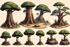 this set of african trees, stumps trees, rock faces and stones with various terrain to explore as an environment, there are a bunch of rocks african trees and grass all grouped together, no humans, tree, rock, scenery, a set of images of stone and african vegetation pieces on a brown background, a drawing of a bunch of trees and rocks with varying textures and sizes,