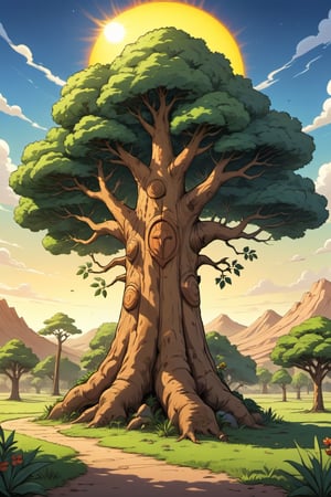 the image shows an animated tree with light shining through the tree and the sun is shining behind the tree tree, outdoors, no humans, scenery, sky, grass, cloud, sun,

a cartoon is a single tree in a cartoon landscape with the sun lighting it up tree, 

this cartoon features a tree growing in a desert with the sun behind it tree, 

gogo and friends the forest guardian of the planet poster by hiroshi aragaki tree, 