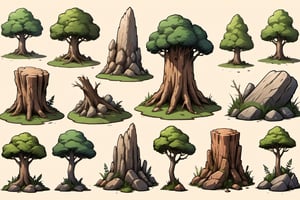 this set of tree stumps trees, rock faces and stones with various terrain to explore as an environment, there are a bunch of rocks trees and grass all grouped together, no humans, tree, rock, scenery, a set of images of stone and vegetation pieces on a brown background, a drawing of a bunch of trees and rocks with varying textures and sizes,