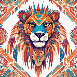 Tribal Spirit animals: A t-shirt design inspired by tribal art and folklore, vibrant colour ,featuring intricately detailed spirit animals such as lioness. The design incorporates geometric patterns and bold linework to create a striking and powerful composition. white background, 8k