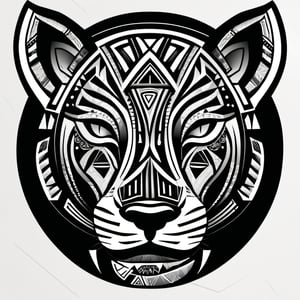 Tribal Spirit animals: tribal art, featuring a intricately detailed spirit lioness, powerful, mysterious, high contrast, The design incorporates geometric patterns and bold linework to create a striking and powerful composition. Black background, 8k, ready to print illustration of hand drawn lioness, simple vector, black white, clean and sharp lines