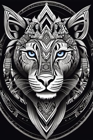 Tribal Spirit animals: tribal art, featuring a intricately detailed spirit lioness, powerful, mysterious, high contrast, The design incorporates geometric patterns and bold linework to create a striking and powerful composition. Black background, 8k, ready to print illustration of hand drawn lioness, simple vector, black white, clean and sharp lines