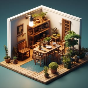 8k, RAW photos, top quality, masterpiece: 1.3, miniature,african landscape, depth of field, ladder, table, from above, English text, chair, lamp, coffee, architecture, tree, potted plants, isometric style, simple background, white background,3d isometric