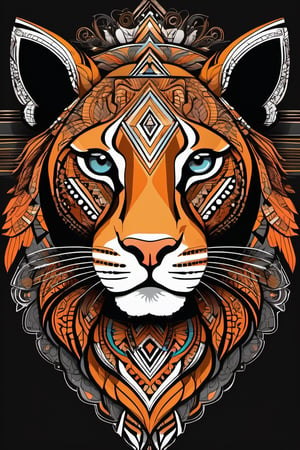 Tribal Spirit animals: tribal art, featuring a intricately detailed spirit animal lioness. cute, powerful, mysterious, high contrast, The design incorporates geometric patterns and bold linework to create a striking and powerful composition. Black background, 8k, ready to print illustration of hand drawn hawk, simple vector, black white orange, few colors and many shades, clean and sharp lines