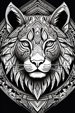 Tribal Spirit animals: tribal art, featuring a intricately detailed spirit lioness, powerful, mysterious, high contrast, The design incorporates geometric patterns and bold linework to create a striking and powerful composition. Black background, 8k, ready to print illustration of hand drawn lioness, simple vector, black white, few colors and no shades, clean and sharp lines