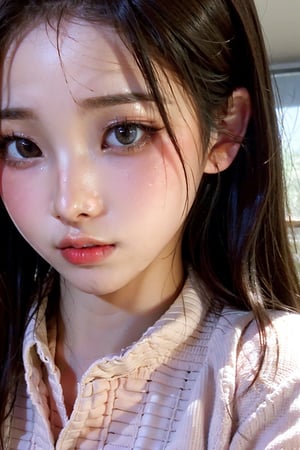 JK(cute petite girl),((asian))(((smooth bangs)))(((school uniform)))(close up of face:1.2)(close up of breasts:1.5)(pink nipples, breasts out, shirt lift)ceiling,earrings,(school uniform),shirt_lift,Makeup,aespakarina