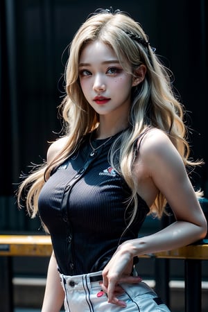 (emo art:1.6), (realistic), (hyperrealism), (photorealistic:1.4),waist shot, (upper body shot:1.6), 1girl, solo, a stunning pretty Japanese girl, 20yo, cute round face, pretty face, long hair, breasts, busty, skinny, looking at viewer, smile, (blond ehair:1.4), (platinum blonde long wavy curly hair:1.4), big boob, cleavage, eyeshadow, eyeliner, gal makeup, makeup, loose wavy long hair:1.3, teeth, necklace, evil smile, realistic, frame the head, watch, eye makeup, detailed eyes, detailed face, (upper body:1.2), detailed background, wearing a (pin stripped patter printed baseball uniform),(shite and black theme), night, massage room, (standing with V arms:1.3), (streaked hair:1.2), ("Incredibly slim waist with disproportionately large breasts, and rounded large buttocks,"), 
BREAk, 
masterpiece, best quality, ultra high res, ultra detailed, face focus, sharp focus, 16k, ultra fine picture, photorealistic, realistic, perfect anatomy, ,1 girl,ITZY Yuna,KimTaeyeon,koh_yunjung,Enhance,cute eyes,photo of perfecteyes eyes