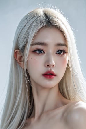 (RAW Photo, Best Quality), (Real, Photo Real: 1.1), Best Quality, Masterpiece, Beauty & Aesthetics, 16K, (HDR: 1.2), (Vivid Color: 1.3), 

Real portrait, white female, ((plasted white eyebrows )), white hair (long hair), pale skin, red lipstick, white bra, pure white background,1 girl ,photo of perfecteyes eyes