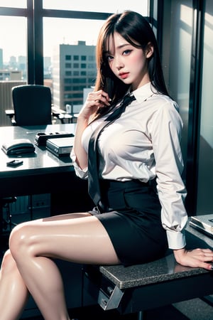 (masterpiece, top quality, best quality, official art, beautiful and aesthetic: 1.2), hdr, high contrast, wide shot, 1 girl, long straight black hair with bangs, clearly blue eyes, faded eyebrows, soft makeup, shaded lips, big chest, curvy body, detailed finger, elegant black pants, white shirt with tie, black shoes, (office theme: 1.5), light smile, detailed office background, ambient lighting, extreme detail, cinematic shot, realistic illustration, (relaxing tones :1.3), (hyper-detailed:1.2),(straight_front_pose:0.8),looking_at_viewfinder,covered nipples,milf,girl