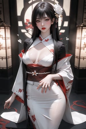 A hot white cosplayer in a room wearing white tight kimono flower pattern and stocking ,cuta asian face ,red lips ,hourglass body ,photoshoot ,realistic,perfect,Enhance