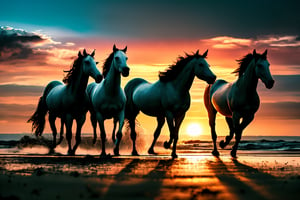 Three white horses walking out of the sea, solar punk aesthetic, sunset