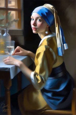 Painting of lady Johannes Vermeer, Girl with a Pearl Earring, beautiful, sitting on a barstool chair, dynamic posture, (perfect anatomy), (narrow waist:1.1), (heavenly), (black haired goddess with neon blue eyes:1.2), by Daniel F. Gerhartz.