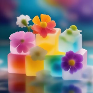 Pretty flowers frozen in rainbow colored ice cubes,<lora:659095807385103906:1.0>