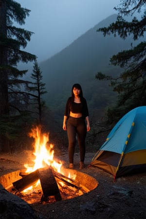 A young Japanese woman is camping in a deep mountain forest with thick fog,campfire,masterpiece,best quality,ultra detailed face,ultra detailed,4k,((blue eyes,blueeyes,blue_eyes)),skinny,(wide shot),ghost_girl,ghost,night,spooky,midnight,cleavage,dirty shirts,(boobs),tent,campfire