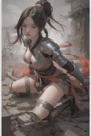 physically-based rendering, portrait, ultra-fine painting, extreme detail description, Akira Kurosawa's movie-style poster features a full-body shot of a super cute 18-year-old European-Japanese girl, embodying the Shinobi of Japan's Warring States Period, An enigmatic female kunoichi, clad in ninja armor , This striking depiction, seemingly bursting with unspoken power, illustrates a fierce and formidable female warrior in the midst of battle. The image, likely a detailed painting, showcases the intensity of the female ninja's gaze and the intricate craftsmanship of his armor. Each intricately depicted detail mesmerizes the viewer, immersing them in the extraordinary skill and artistry captured in this remarkable 