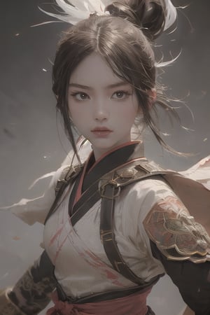 physically-based rendering, portrait, ultra-fine painting, extreme detail description, Akira Kurosawa's movie-style poster features a full-body shot of a super cute 18-year-old European-Japanese girl, embodying the Shinobi of Japan's Warring States Period, An enigmatic female kunoichi, clad in ninja armor , This striking depiction, seemingly bursting with unspoken power, illustrates a fierce and formidable female warrior in the midst of battle. The image, likely a detailed painting, showcases the intensity of the female ninja's gaze and the intricate craftsmanship of his armor. Each intricately depicted detail mesmerizes the viewer, immersing them in the extraordinary skill and artistry captured in this remarkable 