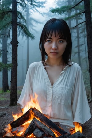 A young Japanese woman is camping in a deep mountain forest with thick fog,campfire,masterpiece,best quality,ultra detailed face,ultra detailed,4k,((blue eyes,blueeyes,blue_eyes)),skinny,(wide shot),ghost_girl,ghost,night,spooky,midnight,cleavage,dirty shirts,(boobs),tent,campfire