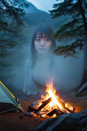 A young Japanese woman is camping in a deep mountain forest with thick fog,campfire,masterpiece,best quality,ultra detailed face,ultra detailed,4k,((blue eyes,blueeyes,blue_eyes)),skinny,(wide shot),ghost_girl,ghost,night,spooky,midnight,cleavage,dirty shirts,(boobs),tent,campfire