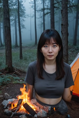 A young Japanese woman is camping in a deep mountain forest with thick fog,campfire,masterpiece,best quality,ultra detailed face,ultra detailed,4k,((blue eyes,blueeyes,blue_eyes)),skinny,(wide shot),ghost_girl,ghost,night,spooky,midnight,cleavage,dirty shirts,(boobs),tent,campfire