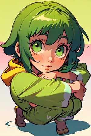 (best quality, masterpiece), soft lighting, dynamic upper angle, 1girl, solo girl, Megpoid Gumi, beautiful short hair with two large bangs, beautiful detailed eyes, simple design, rounded boobs, upper view, green hair, green eyes, (hooded pijama), hood on head, hugging pose, deep shadows in the eyes, full body portrait, cute face proportions, shape language, GUMI