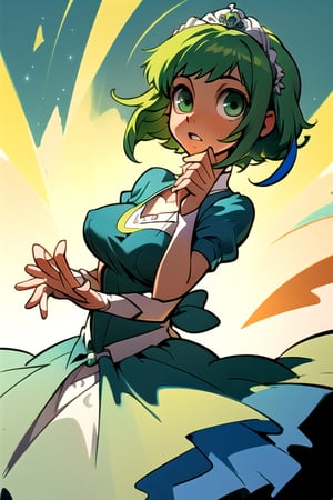 (best quality,  masterpiece),  soft lighting,  dynamic angle,  1girl,  Megpoid Gumi,  beautiful short hair,  beautiful detailed eyes,  simple design,  rounded boobs, (original blue bride dress), gestual expressive hands,  cool pose,  green hair,  green eyes, Good anatomy, thicker lines