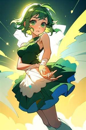 (best quality,  masterpiece),  soft lighting,  dynamic angle,  1girl,  Megpoid Gumi,  beautiful short hair,  beautiful detailed eyes,  simple design,  rounded boobs, (original blue bride dress), gestual expressive hands,  cool pose,  green hair,  green eyes, Good anatomy