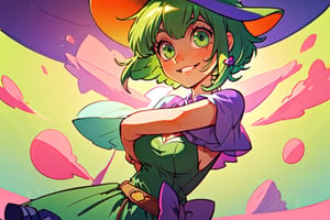 (best quality, masterpiece), soft lighting, dynamic lower angle, 1girl, solo girl, Megpoid Gumi, beautiful short hair with two large bangs, beautiful detailed eyes, simple design, rounded boobs, lower view, green hair, green eyes, (sweet pink and purple witch design dress), Witch hat, fantasy star effects, cute pose, sweet ambient, deep shadows in the eyes, cute face proportions, shape language, pastel colors, GUMI, cute smile