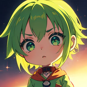 (best quality, vivid colors), 1girl, chibi, Short hair, light green hair, green eyes, gentle sunlight, very angry expression, emote for twitch, Megpoid Gumi, GUMI, chibi