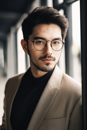 professional photography, HDR, UHD, 64K, perfect composition, natural lighting, handsome ,asina man,  realistic ,glasses ,stubble , stylish , fashion , 