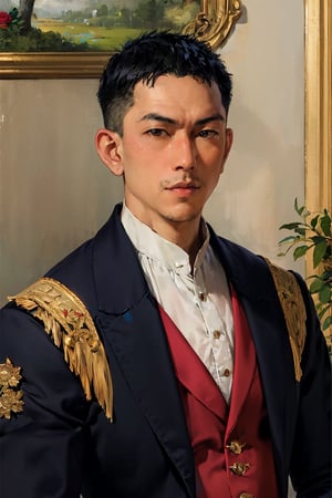 Asian man, handsome, stubble  , upper_body  , oil painting , vintage clothing , rose vese ,rococo style 