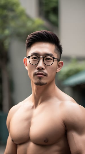 Asian man , young , white skin , handsome , facial hair ,round glasses , realistic, big eyes , full body , muscle , topless