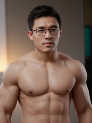 a statuesque asia man ,stands tall, his muscular physique glistening with petroleum oil that accentuates every contour,striking eyes,   glasses, lock at camera, full healthy lips , Stubble, black hair,white skin, dynamic pose that seems to defy gravity,perfect split lighting,perfect proportions face ,asian man,Muscle