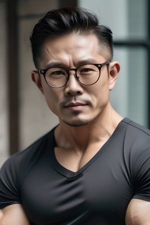 Asian man,handsome ,thick stubble ,round glasses,middle age , muscle