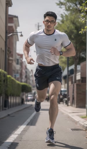 Asian man, handsome , glasses ,stubble  , muscle, photorealistic ,full_body ,strong legs ,big calf,big calves, outdoor, running 